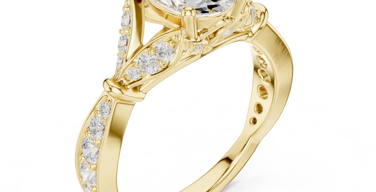 Graceful gold diamond ring with a radiant center stone, delicately elevated by intricate side detailing and a refined, luminous finish