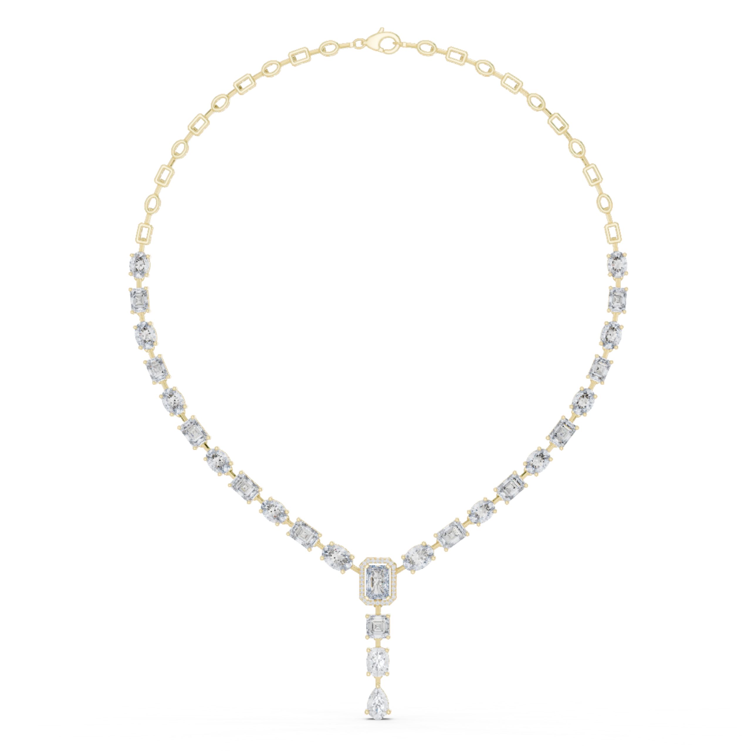 Elegant gold diamond necklace with multi-shape stones and center drop pendant